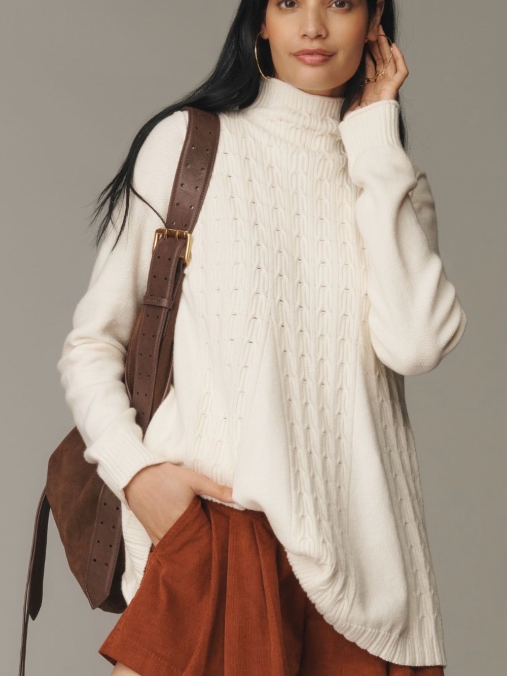 Pilcro Cream Cable Turtleneck Swing Sweater